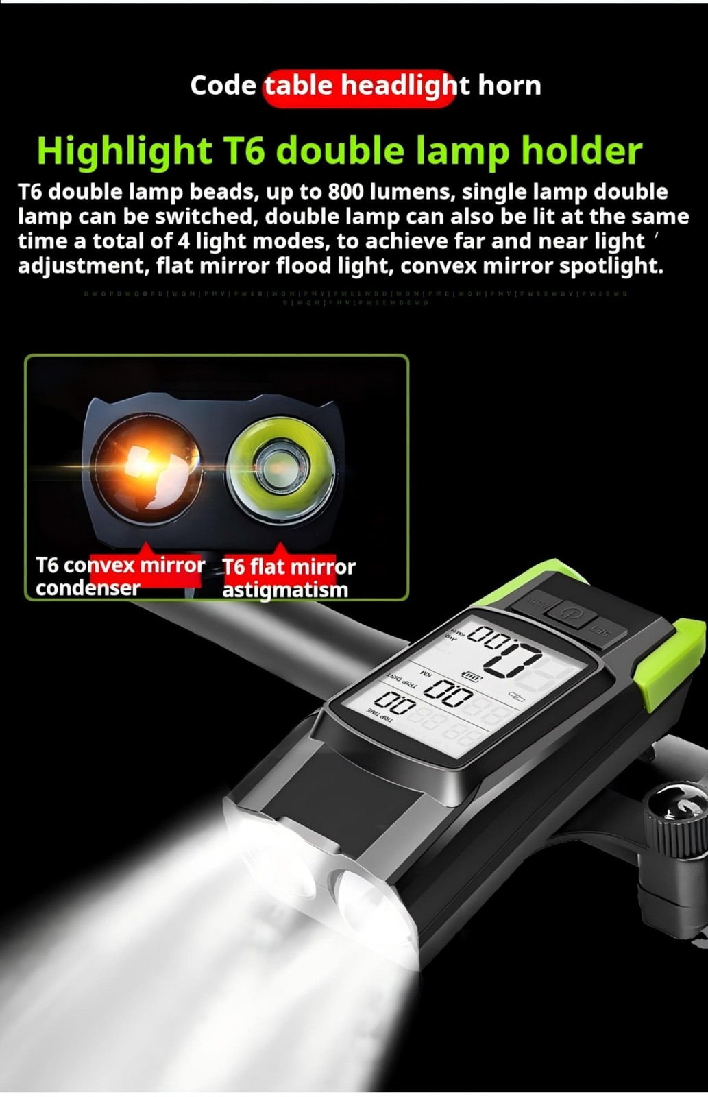 3-in-1Multi Functional Bike Light 800 lumens Nighttime Speedometer, Horn, Lig…