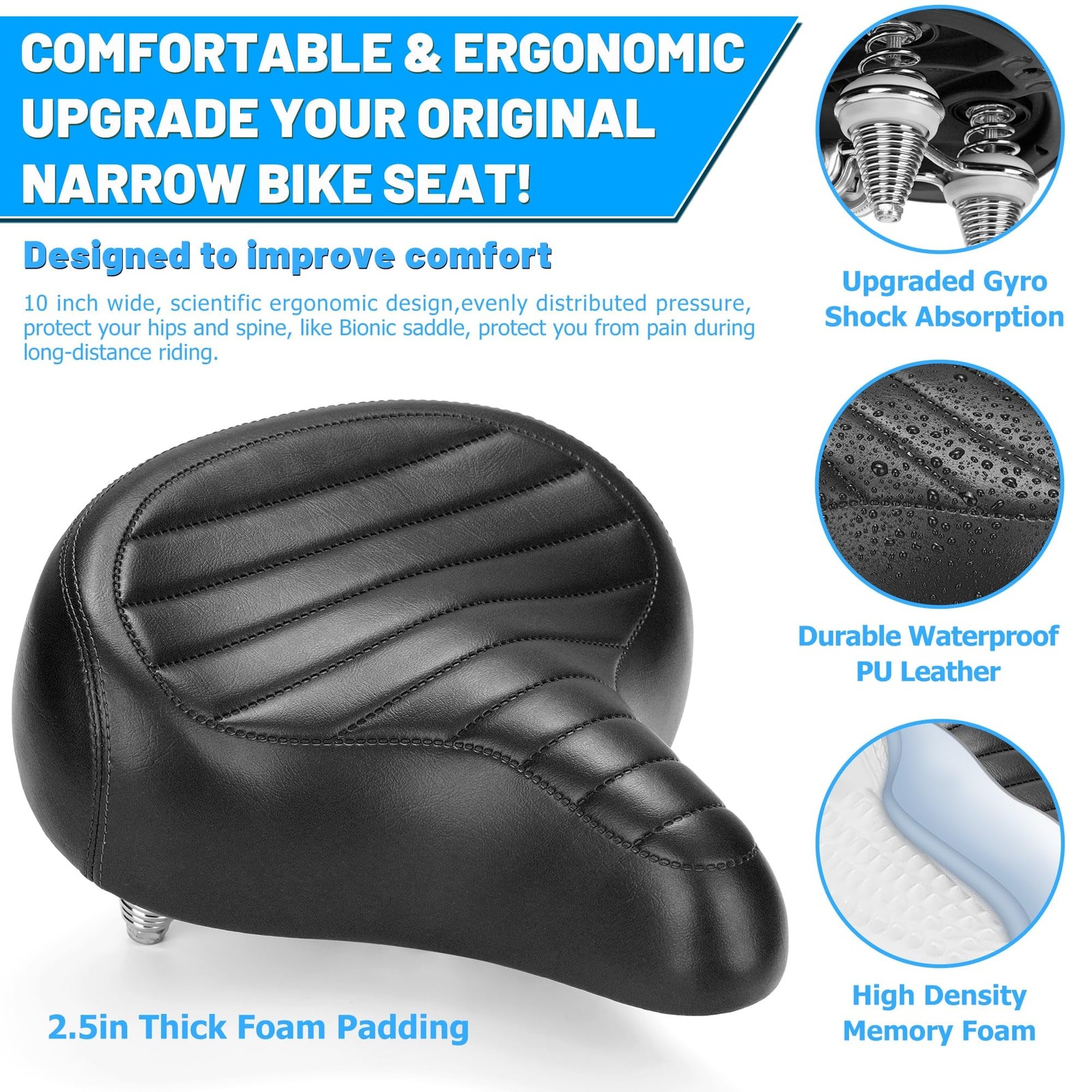 CDYWD Wide Bike Seat for Men Women Comfort, Large Soft Padded Large, C1 Black