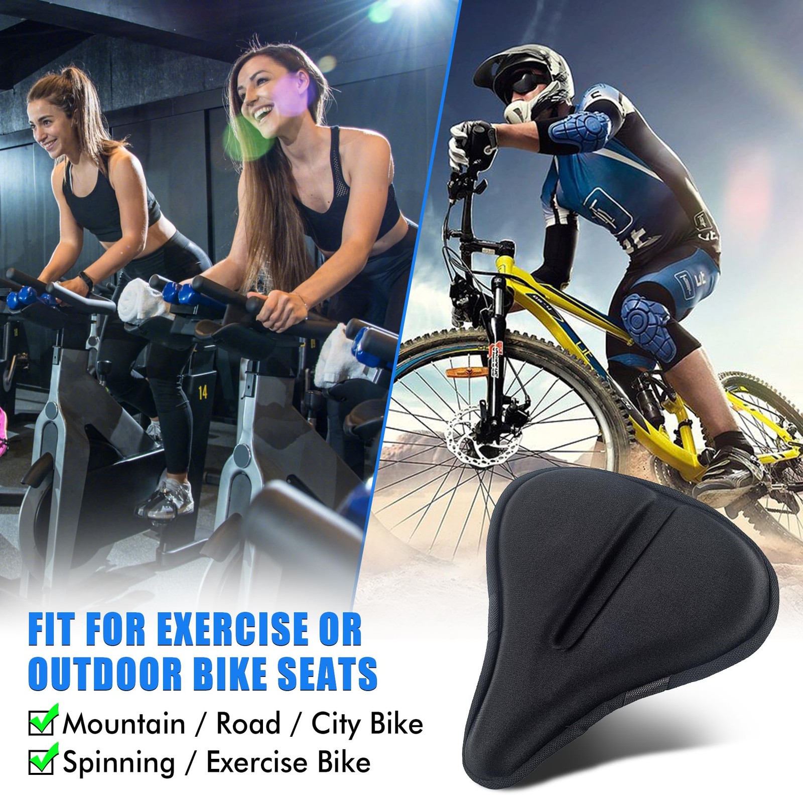 Thick & Wide Gel Bike Seat Cushion Cover Pad with Rainproof Cover – Comfortab…