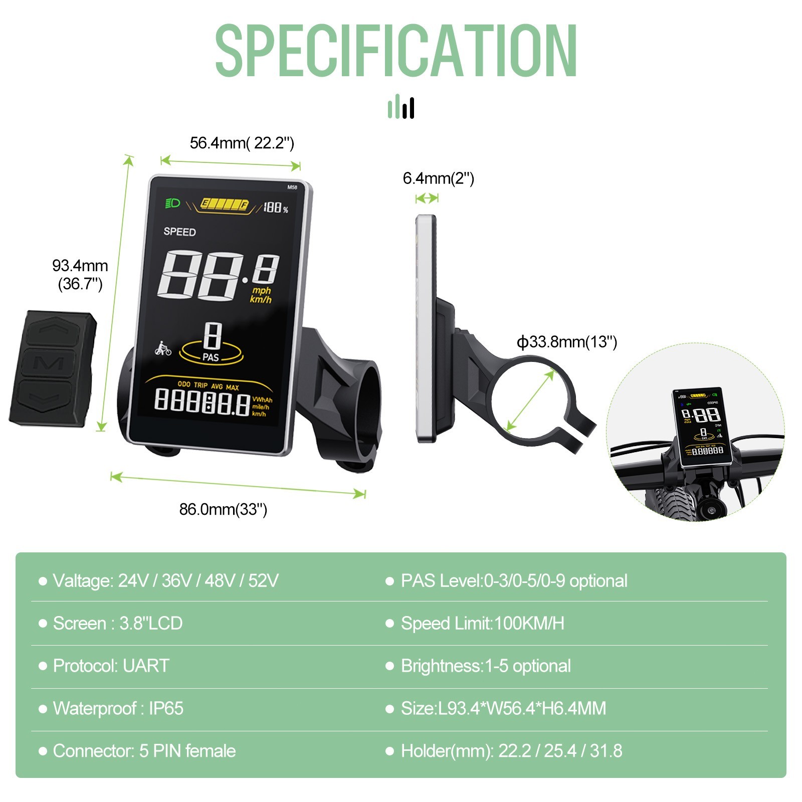 SW2-M58 EBike Display 3.8″ Screen 0-9 PAS for BAFANG Mid Motor UART Protocol US