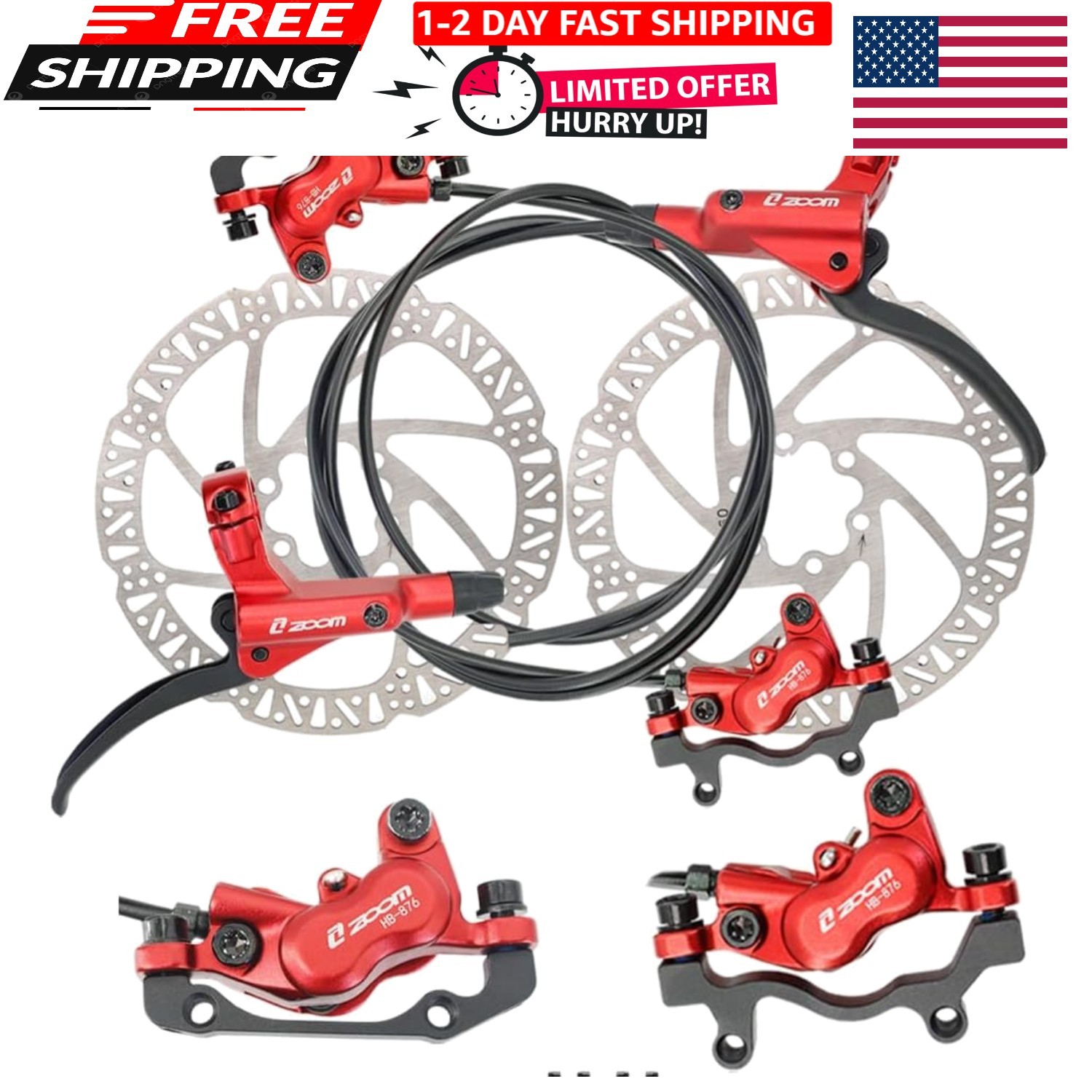 zoom HB876 4-Piston Pre-Bled Hydraulic Disc Brake Set for Mountain Bike, Bike…
