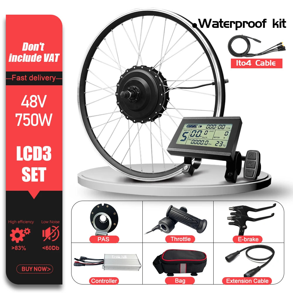 48V 750W Electric Bike Conversion Kit Waterproof Plug Rear Brushless Hub Motor