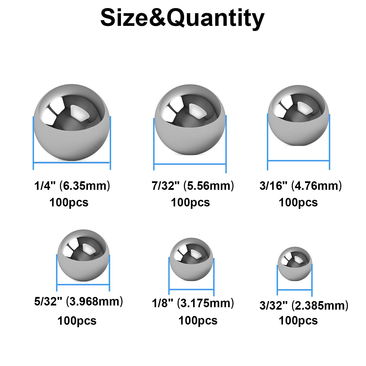 Breezliy 600 Piece 6 Sizes Assorted Loose 600PCS 6 chrome steel Ball