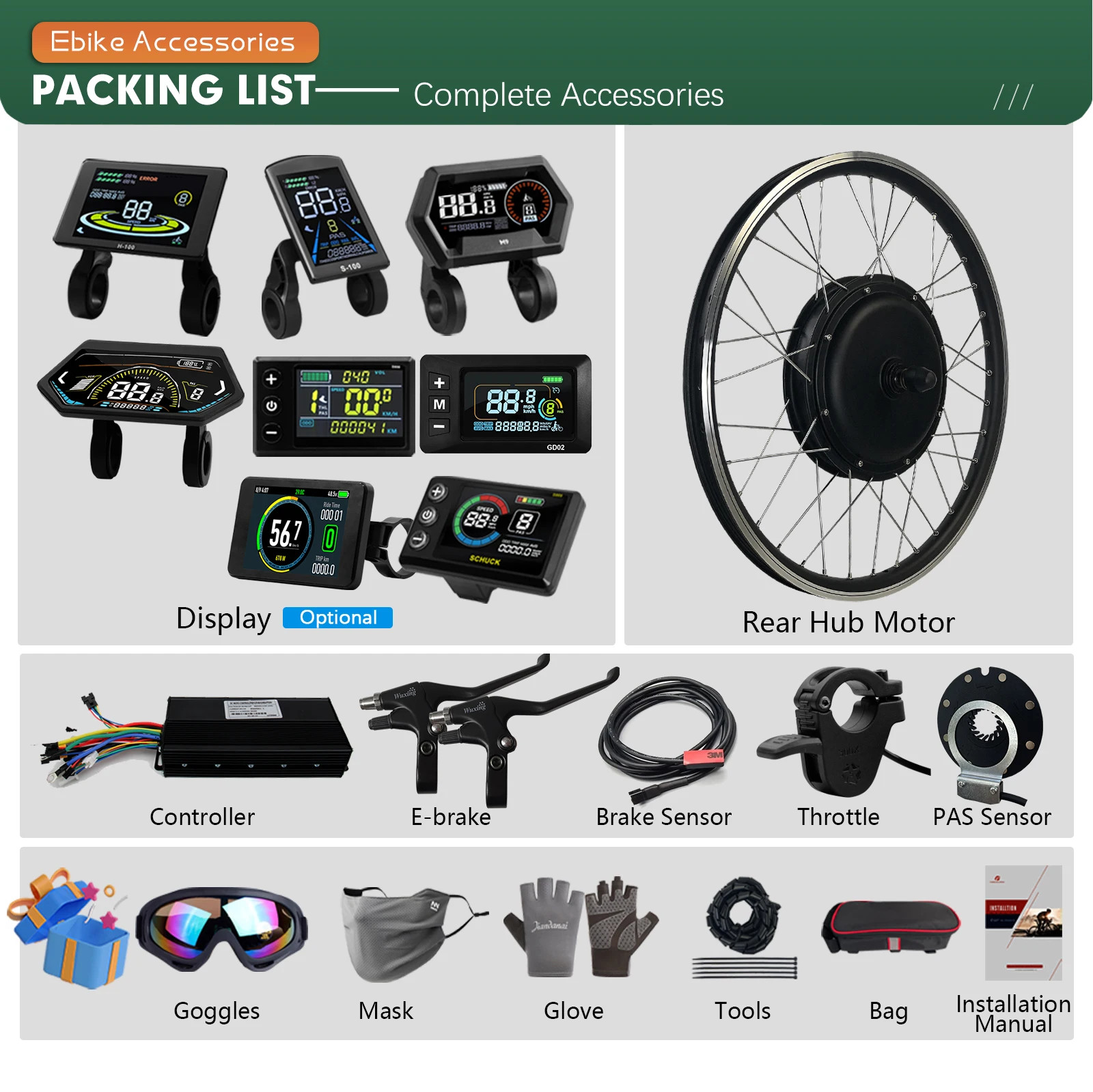 52V 2000W Electric Bike Conversion Kit Rear Hub Motor Wheel 20/26/27.5/29In 700C
