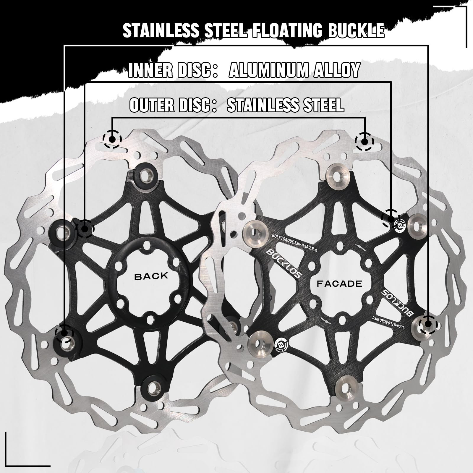 BUCKLOS 160mm 180mm 203mm Floating Disc Brake Rotor, Stainless 160mm, Black