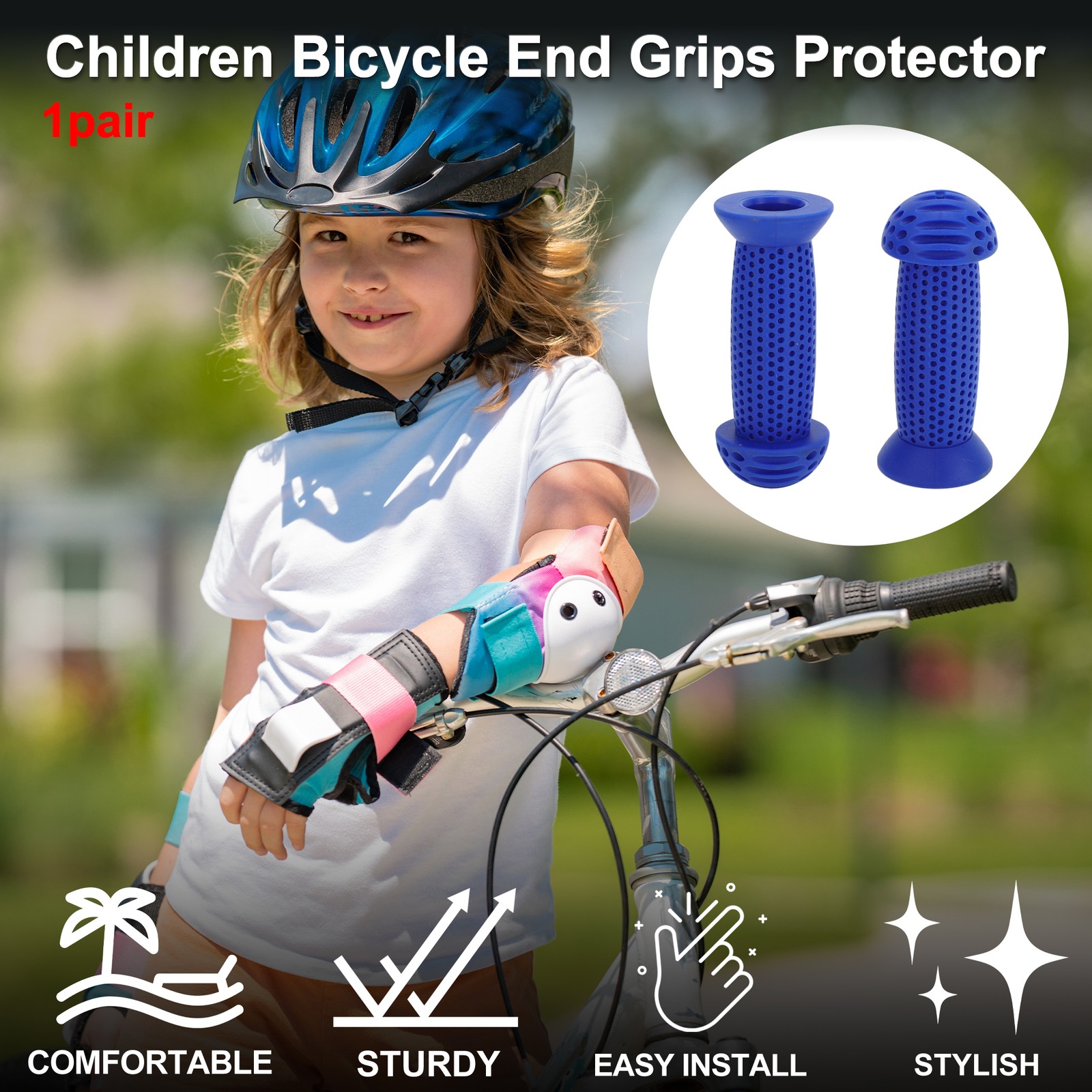 Child Bike Handlebar Grip Cover 100mm Soft MTB End Grips Protector Blue 1 Pair