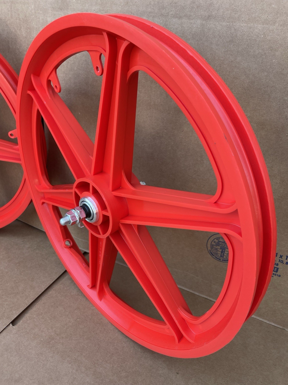 20″ Bicycle Plastic RED 6-spoke Mag Wheels and Red Gum Wall Tire Set GT Rims BMX