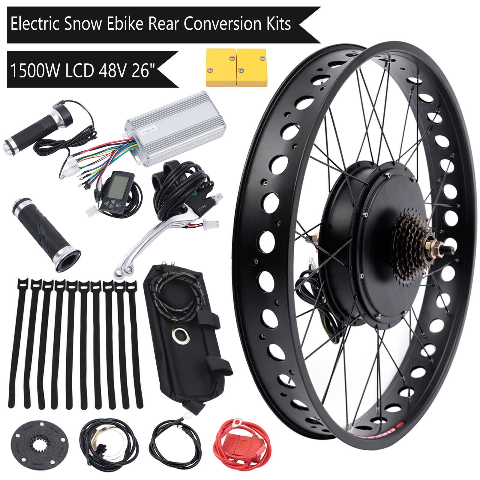 26″ 48V 1500W E bike Fat Tire Bicycle Rear Hub Motor Conversion Snow Wheel Kit
