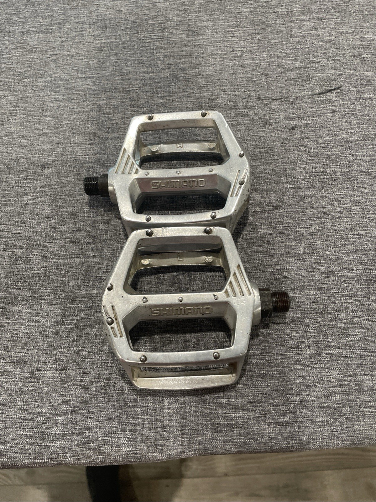 80’s Shimano Universal Flat/Platform Bike Pedals Pair, Alloy, Silver/Black 9/16