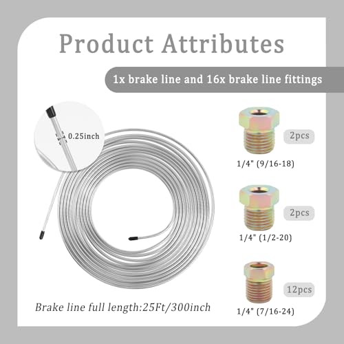 25Ft 1/4 Brake Line Kit with 16 Inverted Flare Brake Line Silver