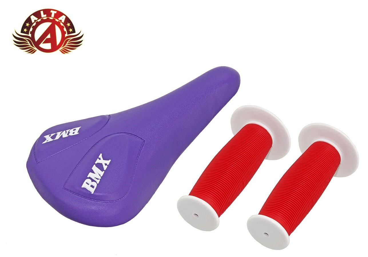 ALTA Purple BMX Vinyl Saddle & Red/White Mushroom Grips BMX BIKES.