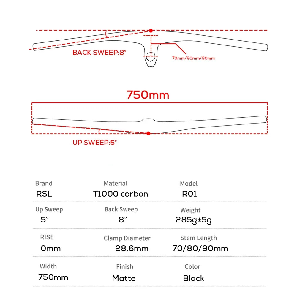 MTB Bicycle Full Carbon Integrated Handlebar and Stem 70/80/90*750mm 13 ° Degree