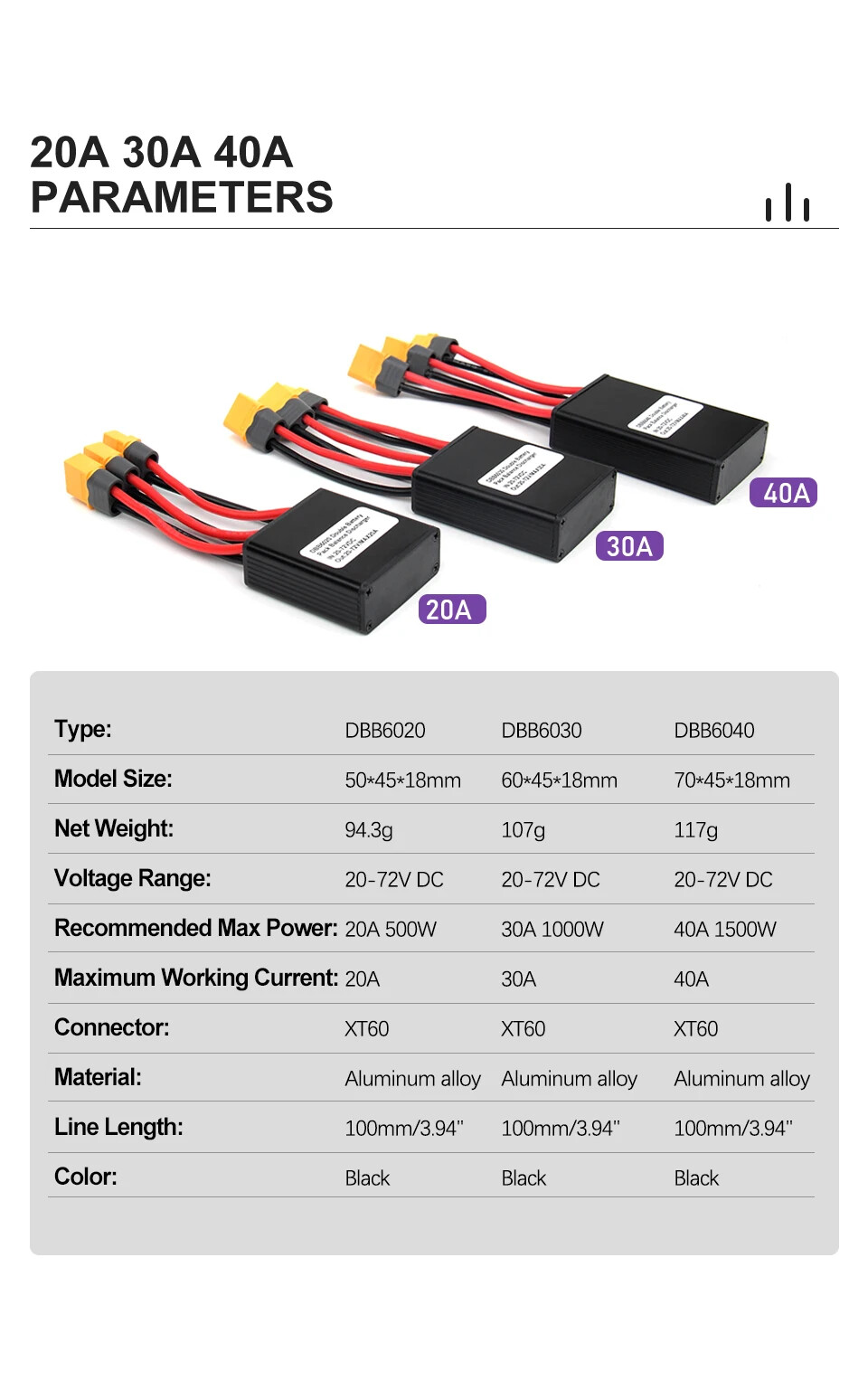 20V-72V 20A 30A 40A XT60 Electric Bicycle Double Battery Connection Switcher