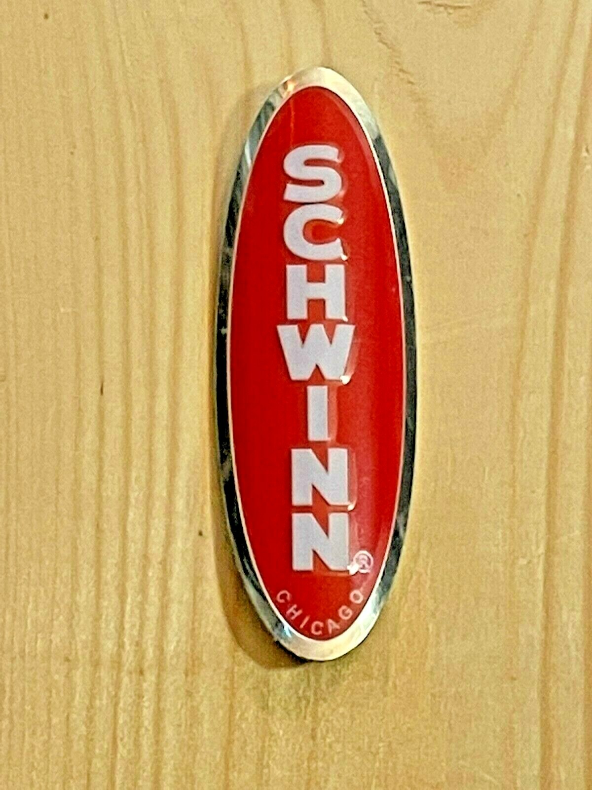 Schwinn Bike, Vintage Style, Chrome Head Badge, Red, White & Chrome, Curved NEW