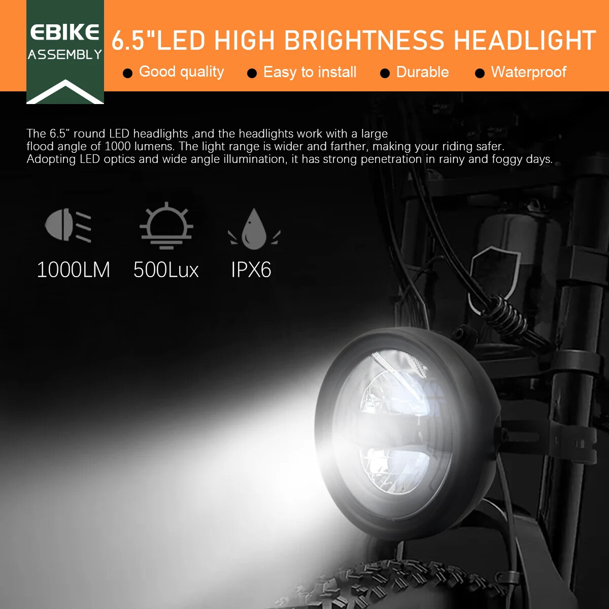 E-Bike Headlight DH009 2pin SM/Waterproof Plug 12-48V Front Light Spotlight Part