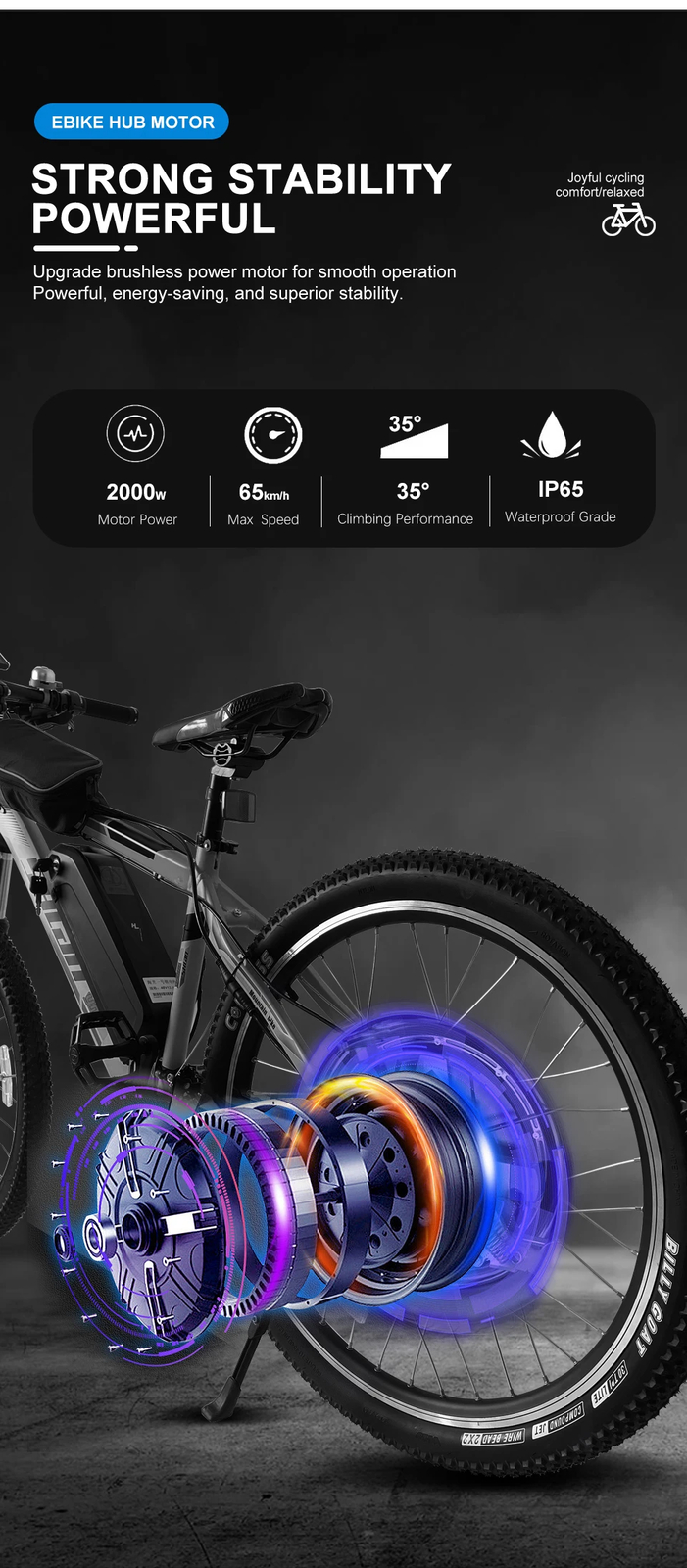 48V 2000W Mountain E-bicycle Brushless Non-gear Rear Hub Motor Dropout 135-142mm