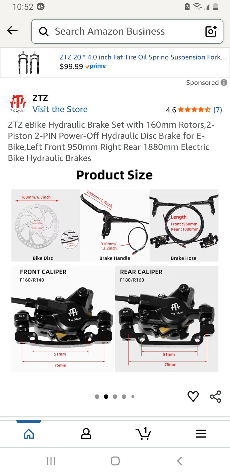 ZTZ eBIKE HYDRAULIC BRAKE SET IN AN OPEN BOX