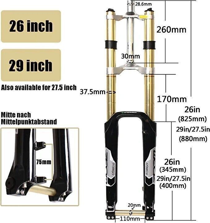 Downhill 26/27.5/29″ MTB Bike Suspension Fork 110*20mm Thru Axle Lockout Disc US