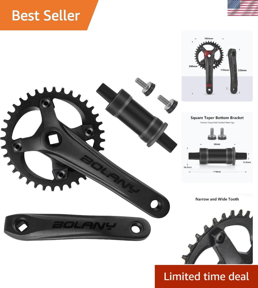 Lightweight 170mm MTB Crankset – Square Taper, 104 BCD – Customizable Chainrings