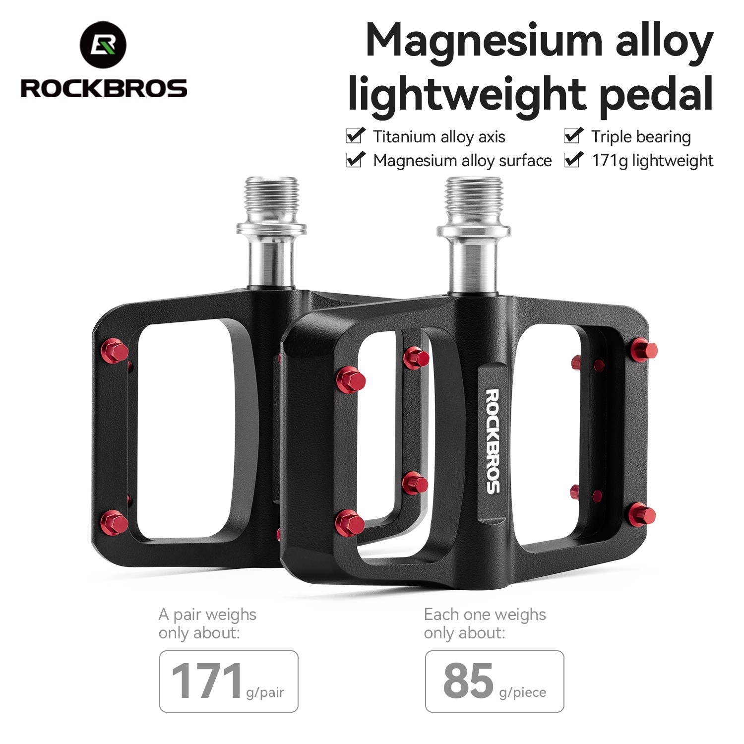 ROCKBROS Bicycle Pedals Black Flat MTB Pedals Magnesium Alloy 3 Bearings Durable