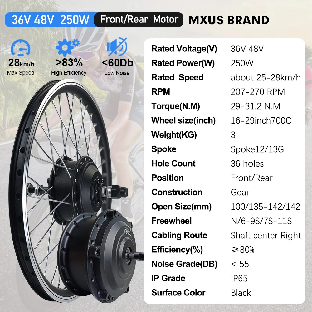 MTB Ebike Conversion Kit 36/48V 250W Brushless Front Rear Hub Motor 16-29In 700C