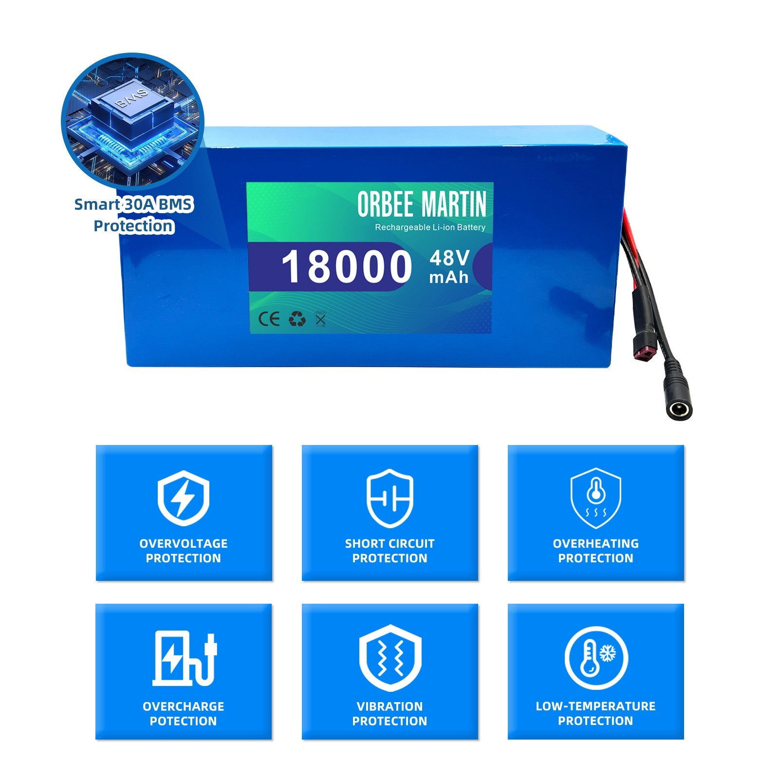 ORBEE MARTIN 48V 18Ah Rechargeable Battery, Lithuim Battery,XT60 Connector DIY