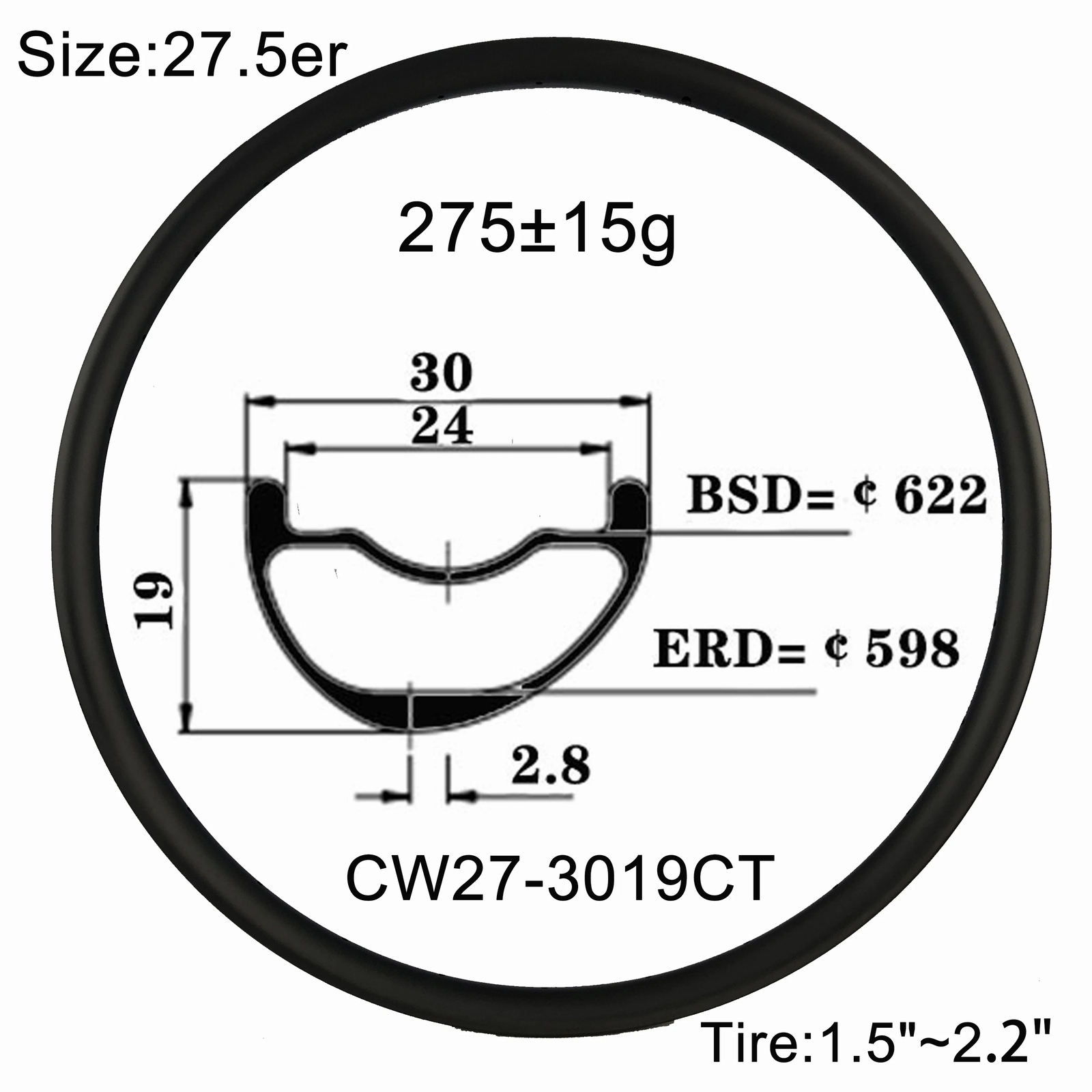 Carbon MTB Bicycle Rims 27.5er 30Mm Width 19Mm Depth Hookless Clincher