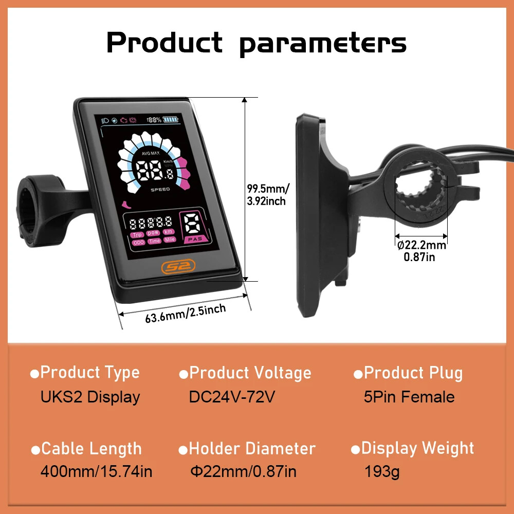 Electric Bike LCD UKS2 Display 36V 48V 52V 60V 72V for 5 PIN Waterproof Plug