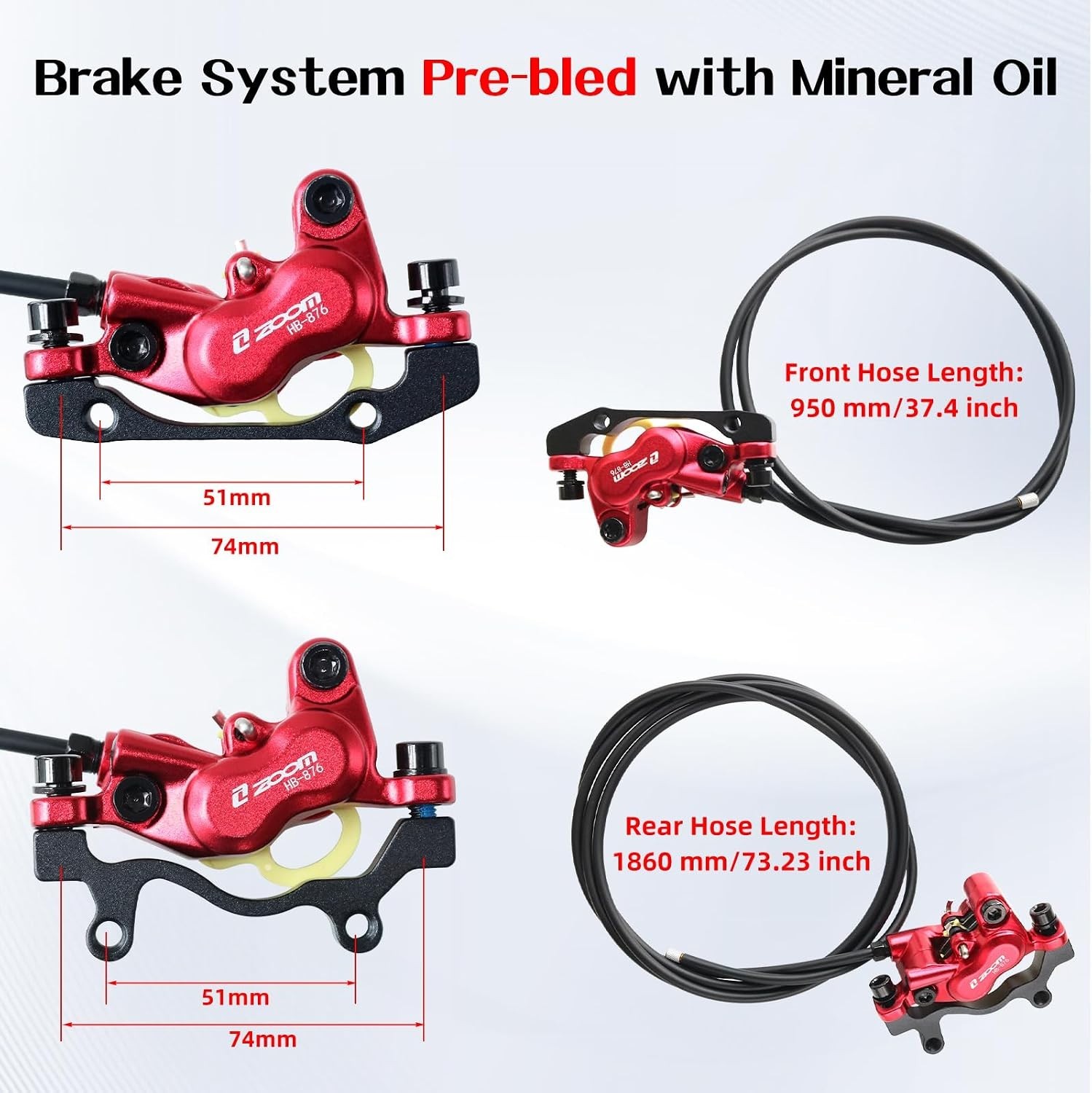 Bike Hydraulic Brake Set 4-Pistons Zoom HB876E E-Bike Mountain Road Red