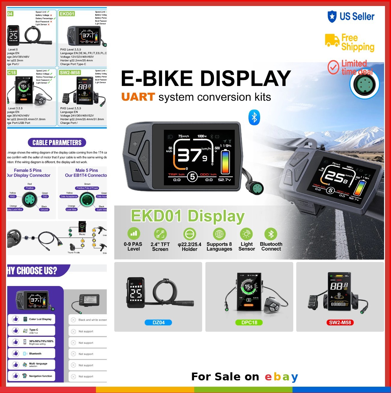 E-Bike LCD Display 36V 48V 52V Bluetooth Compatible with UART Protocol Hub Mid