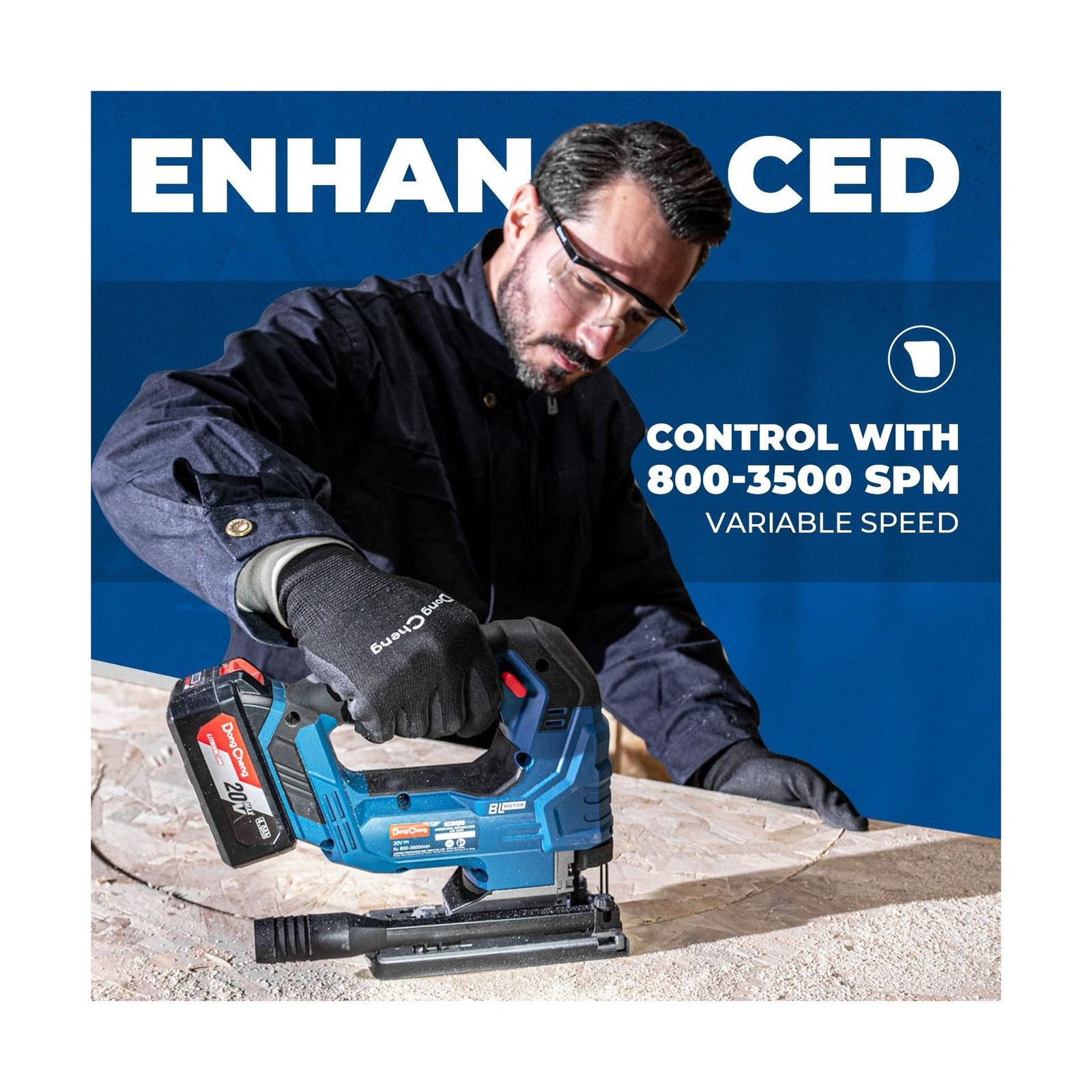 Dong Cheng 20V Brushless Jigsaw, 26mm Stroke, 800-3500 SPM, 0-45° Bevel, 6-