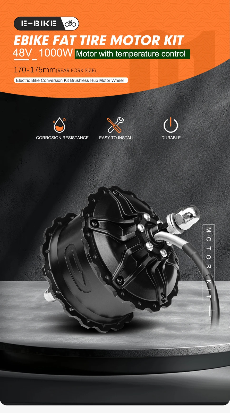 48V1000W Ebike Fat Tire Motor Brushless Gear Rear Rotate Motor Dropout 170-175mm