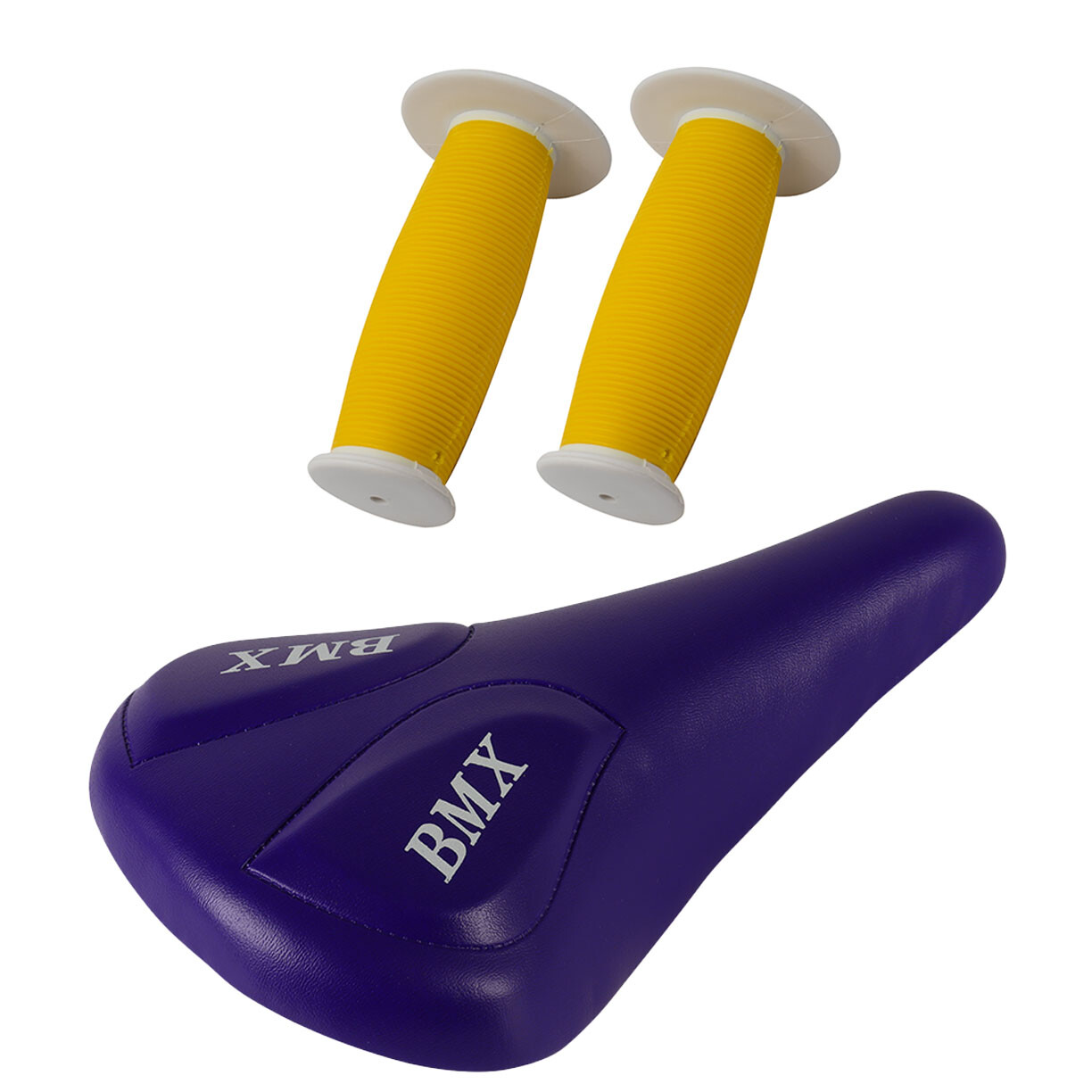 PRO+ Purple BMX Vinyl Saddle & Yellow/White Mushroom Grips BMX BIKE