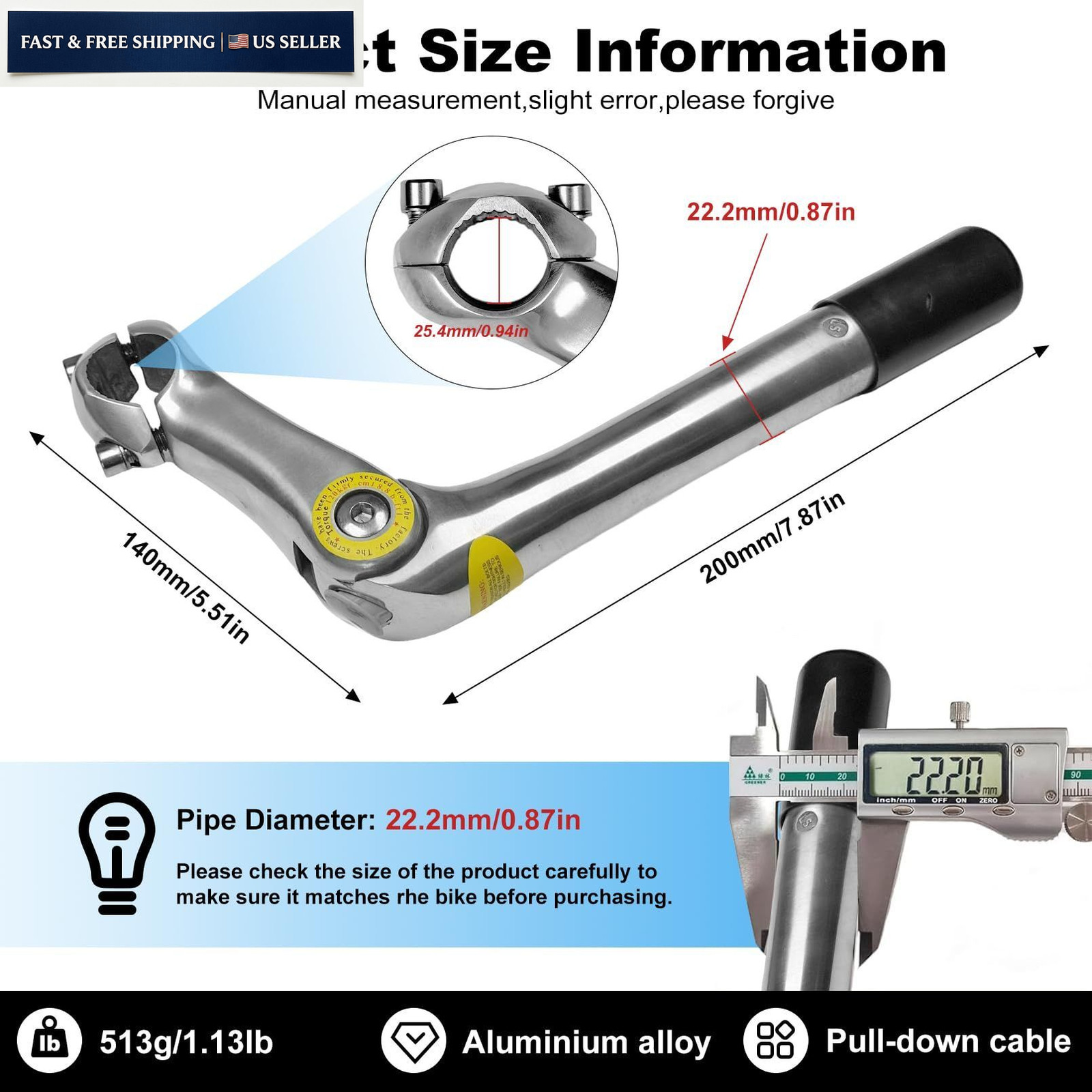 Relwears Silver Bike Quill Stem,Adjustable 22.2*180*25.4*110 mm, silver