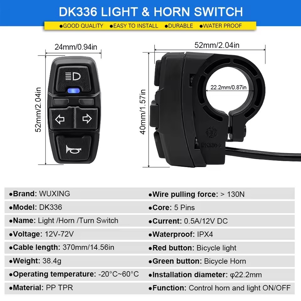 36V-48V E-Bike LED Headlight & Tail Light Set Horn Brake Turn Signal Switch Kit