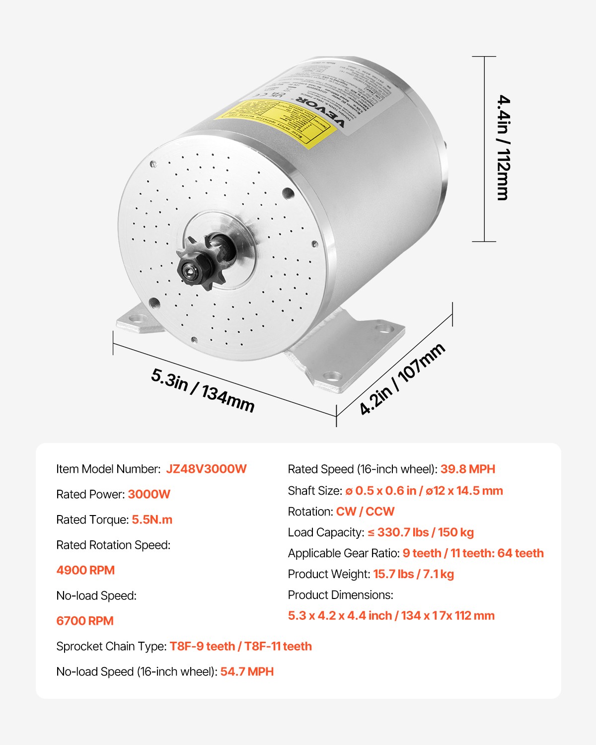 VEVOR 3000W Electric Brushless DC Motor Kit 72V 4900rpm Motor with Controller