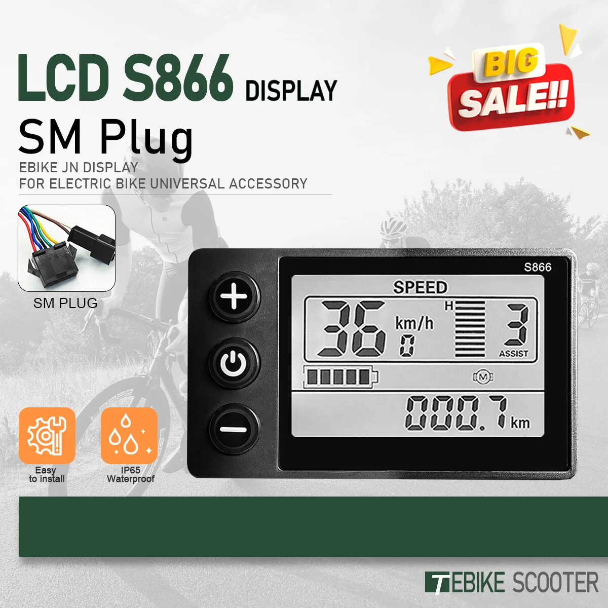 Electric Bicycle JN LCD S866 Display 24V36V48V52V60V with 5pin SM/WP Plug