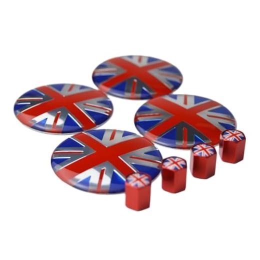 4X Union Jack UK Flag Wheel Center Cap + Valve Stem Cap for Mini Coopers R50