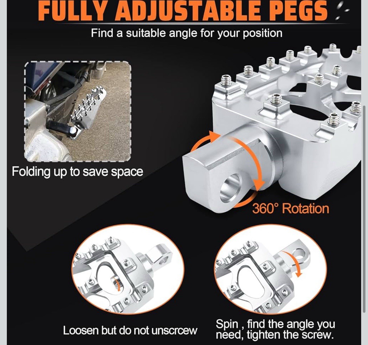 CNC Wide Fat Footpegs 360° Roating MX Foot Pegs Chopper Bobber Style Silver