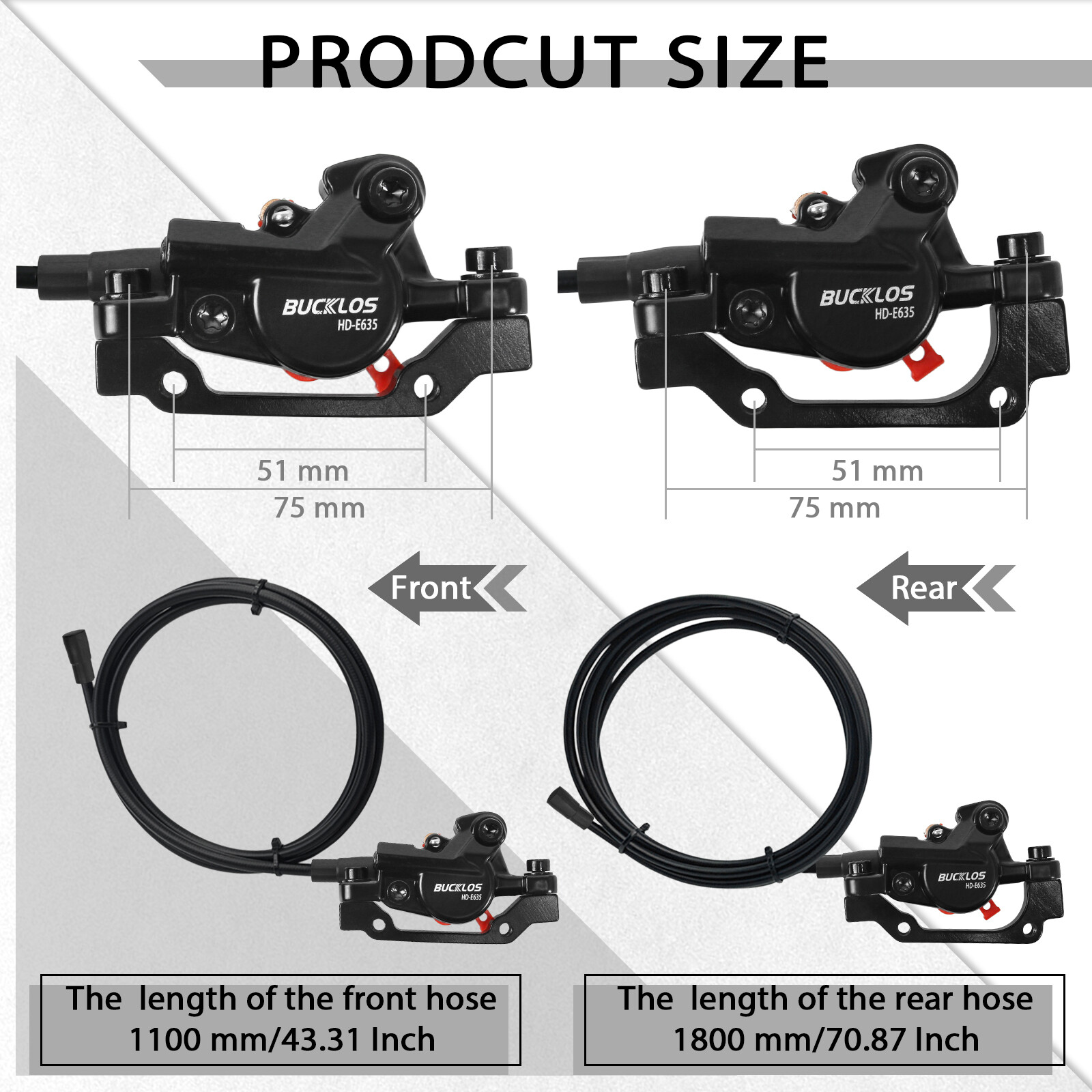 BUCKLOS HD-E635 Hydraulic Brake Front&Rear 1100mm/1800mm E-Bike 2pc 160mm Rotor