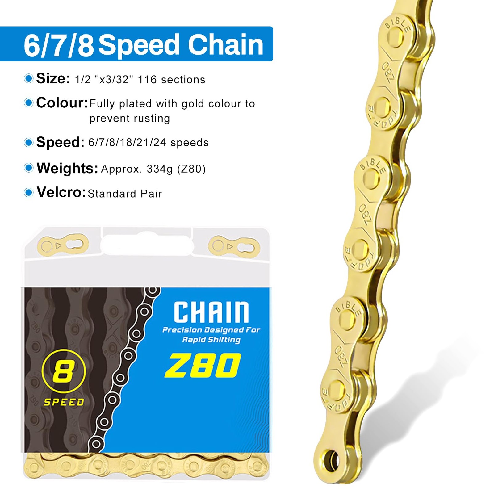 Chain 8 Speed 1/2 x 3/32 116 Links for Road Bike Mountain Bike Gold 8 Speed