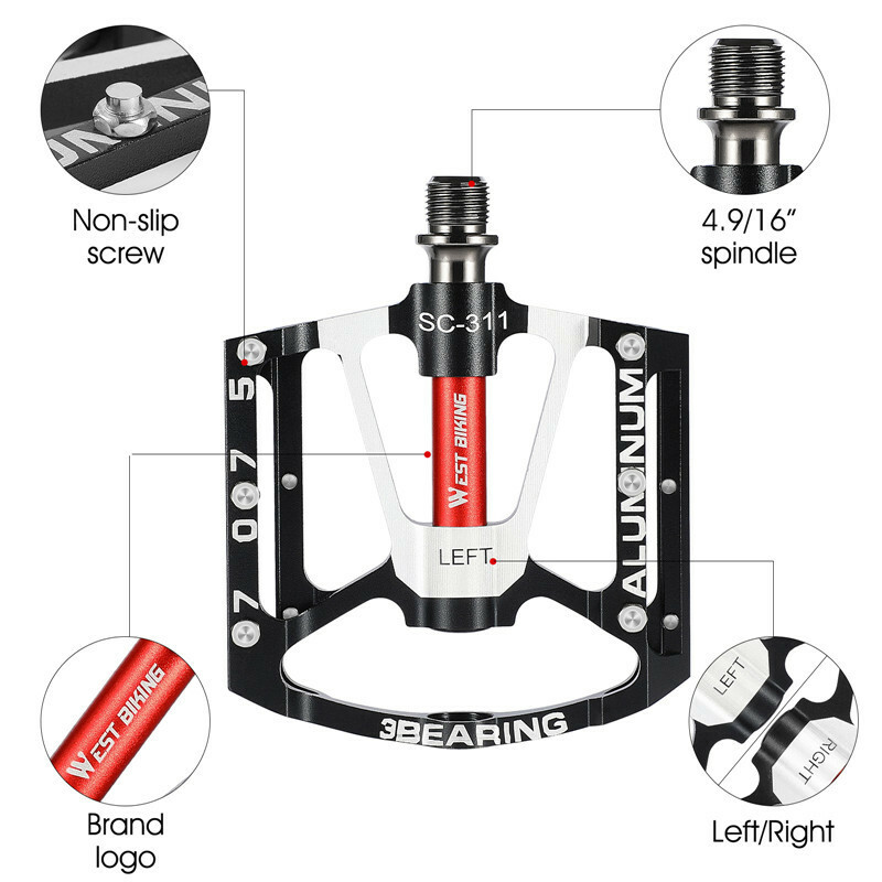 WEST BIKING Bicycle Pedals Aluminum 3 Sealed Bearing Cycling Bike Pedals Red