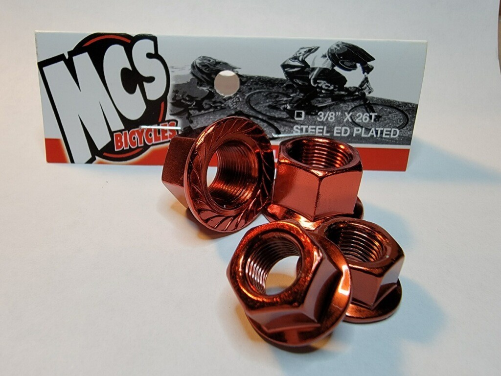 MCS BMX AXLE NUTS SET ONE PAIR OF 3/8 AND ONE PAIR OF 14MM RED