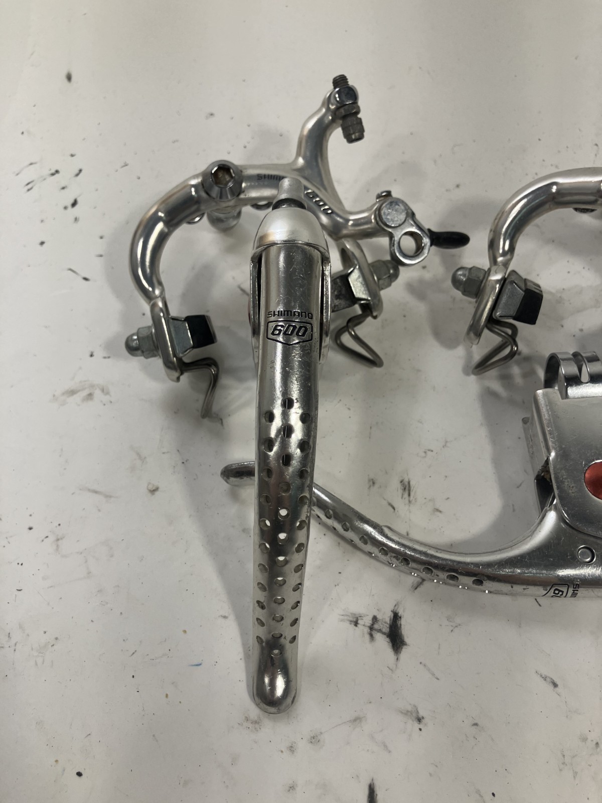 Vintage SHIMANO 600 Arabesque Brakes and Brake Levers Red Dot Drop Bar Drillium