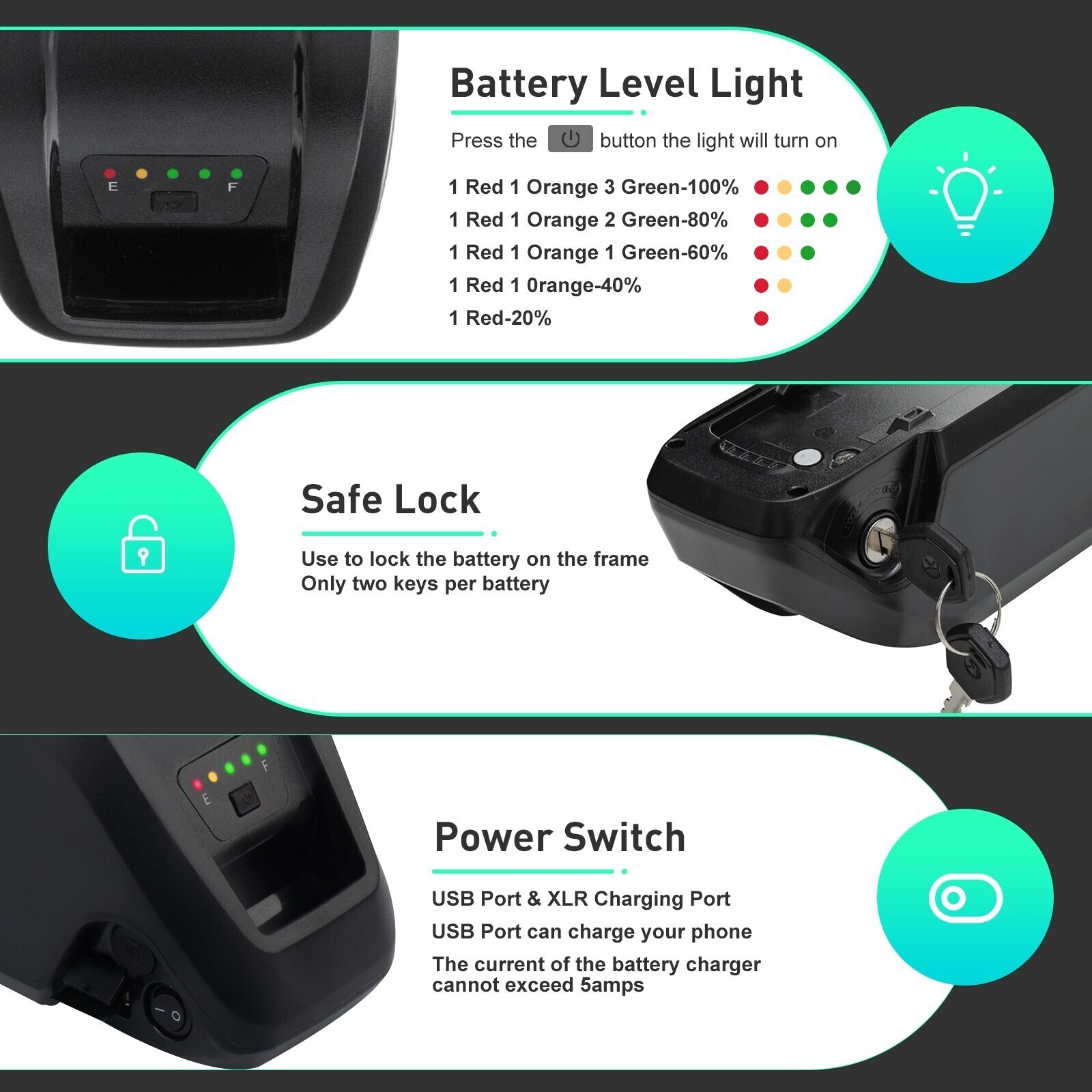 48V 15Ah Ebike Lithium Li-ion Battery 40A BMS Rechargeable For 200W-1920W Motor