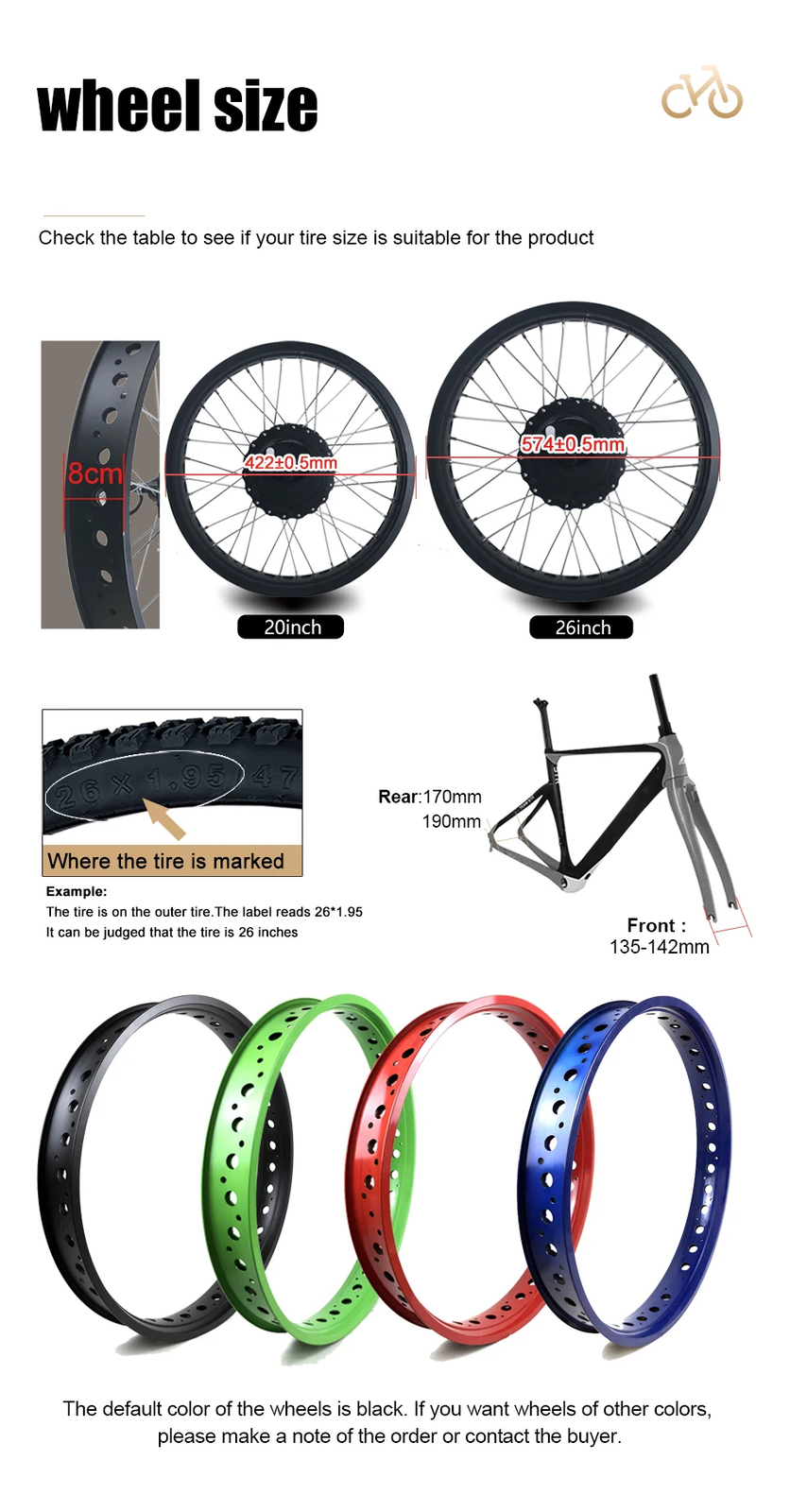 500W 36V 48V Fat Electric Bike 20 26inch 4.0 Tyre Front/Rear Hub Motor Wheel Kit