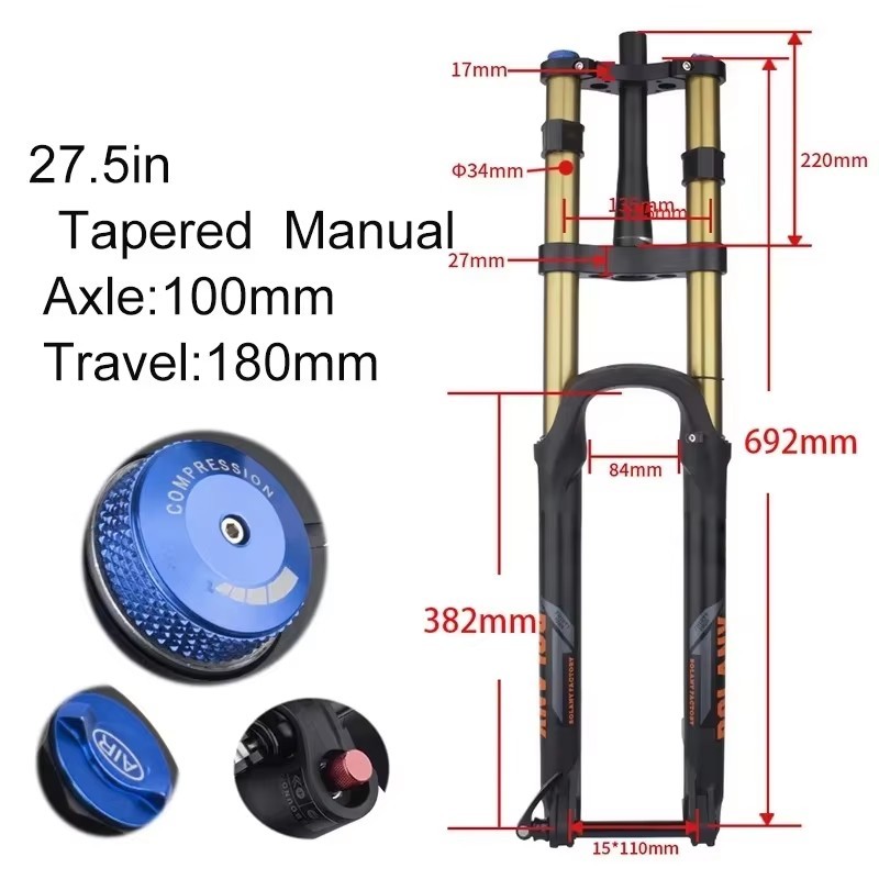 Mountain Bike Front Fork Dual Shoulder Thru-Axle Air Fork 180mm Travel