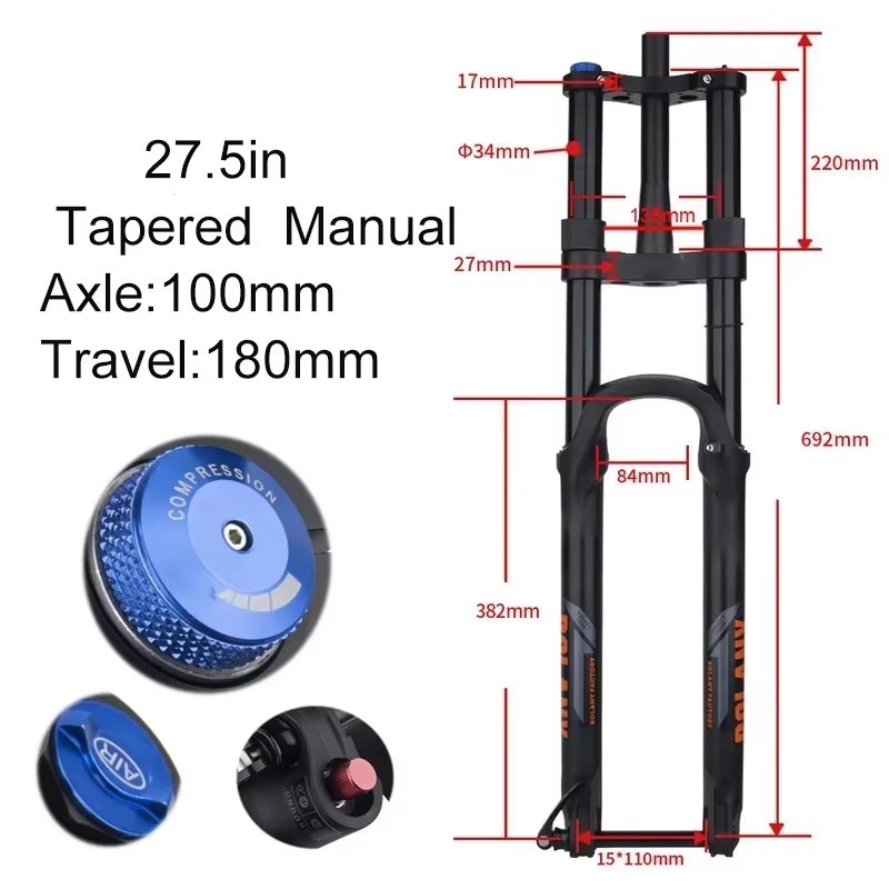 Mountain Bike Front Fork Dual Shoulder Thru-Axle Air Fork 180mm Travel