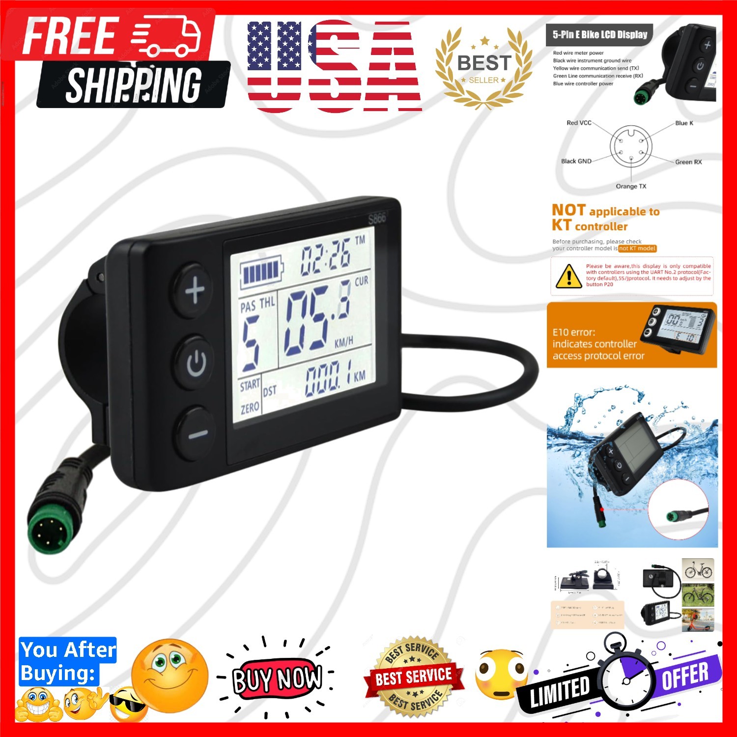 S866 Electric Bicycle LCD Display Meter, 24V 36V 48V Ebike LCD Display Contro…