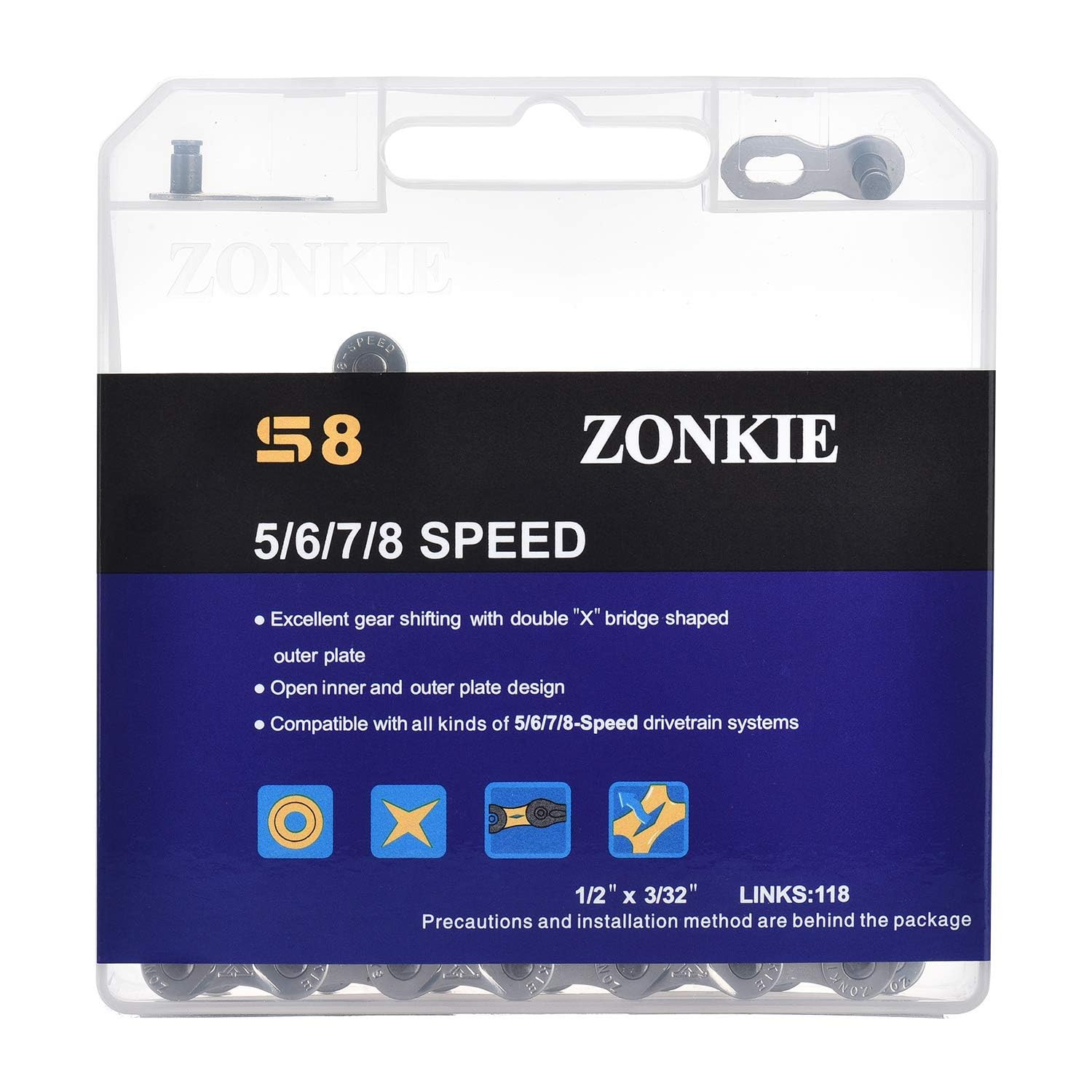 6/7/8-Speed Bike Chain, Replacement Bicycle Chain, 1/2 x 3/32 Inch, 118 Links
